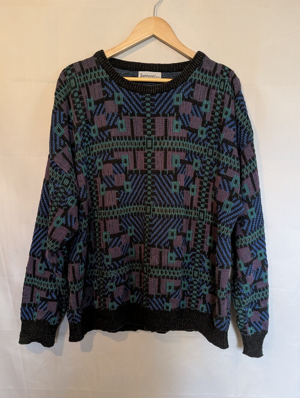 Vintage Jantzen Cotton Knit Sweater Geometric Abstract 90s Crewneck XL Pullover